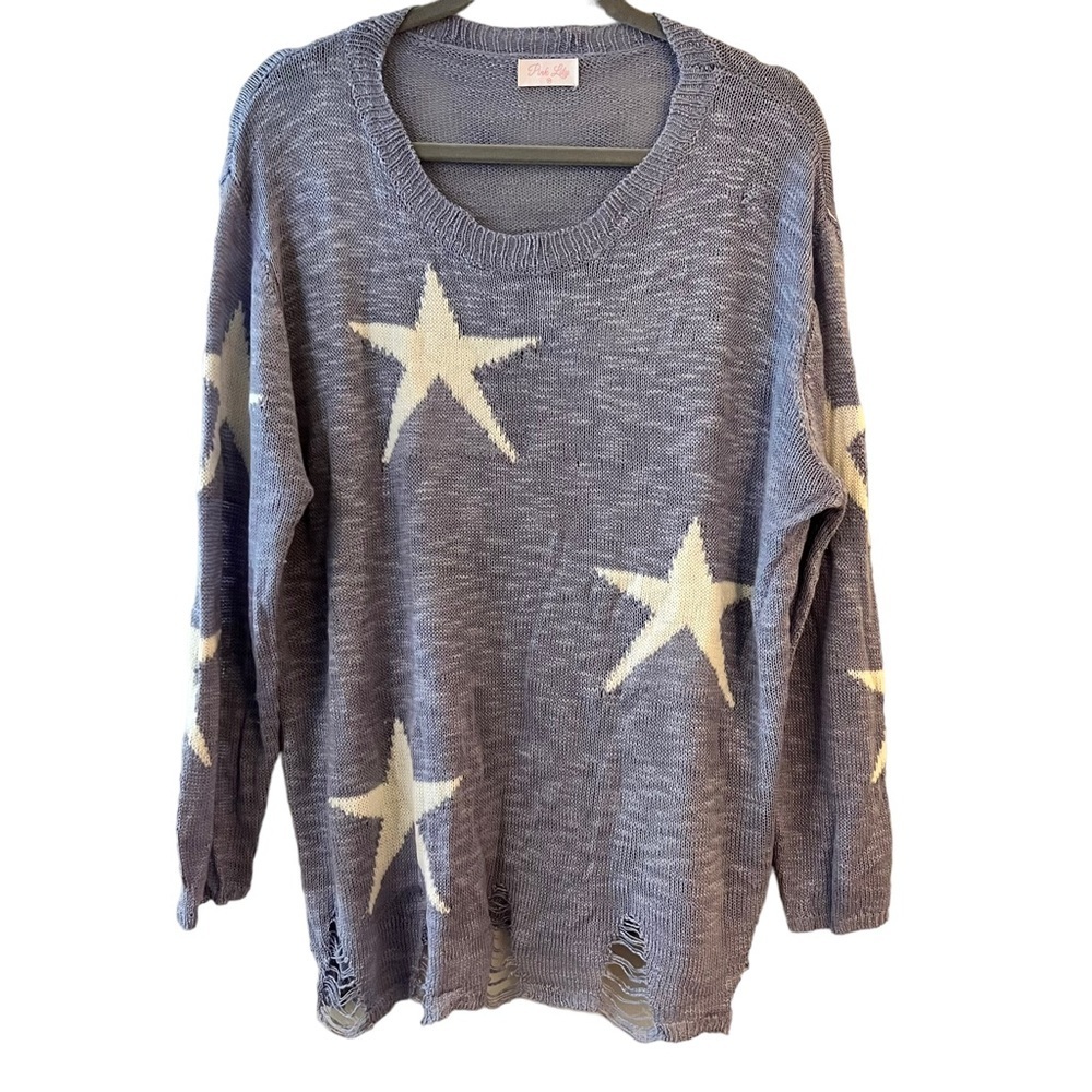 Pink Lily Blue White Star Sweater Distressed Summer Cover Up Size Medium